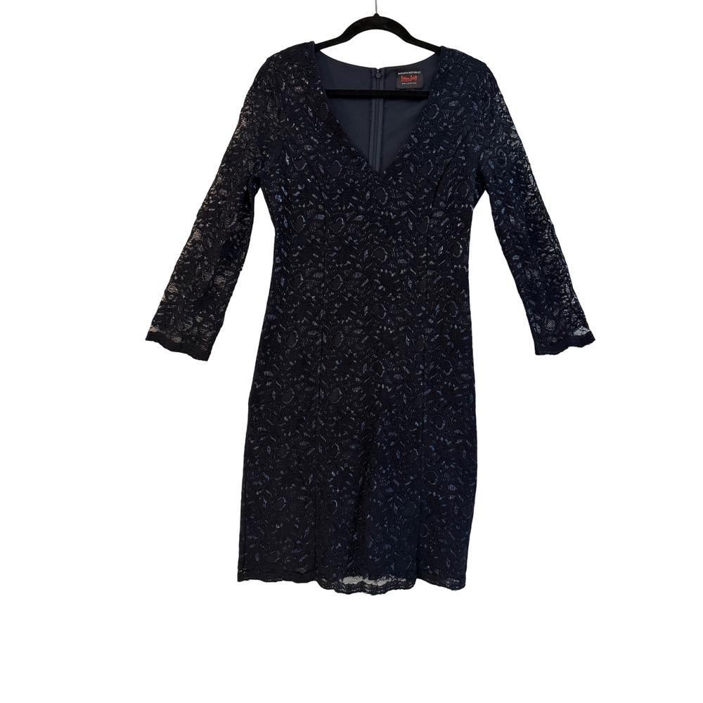 Bananaβ Republic L'Wren Scott Dress Womens 6 Navy Metallic V-Neck Sheath 3/4 Slv